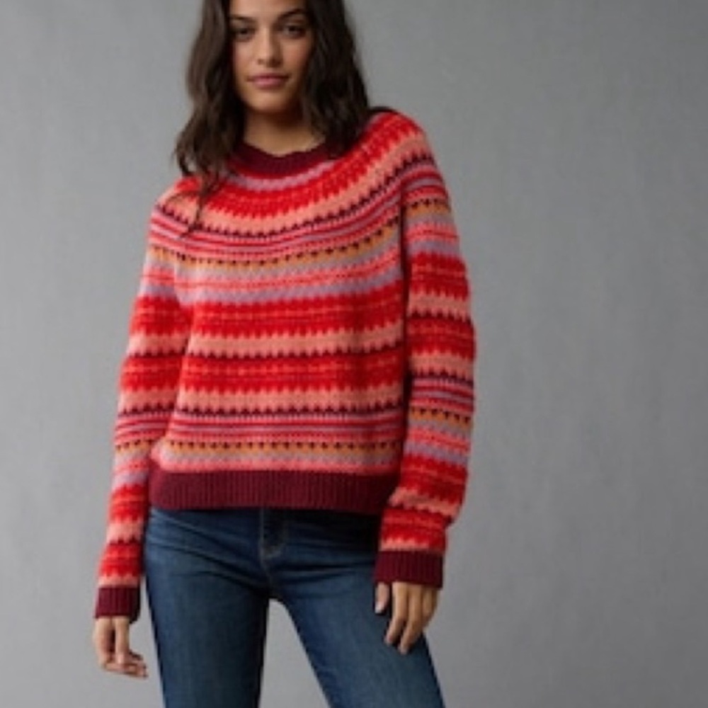 American Eagle Outfitters Red Multicolor Fair Isle Knit Sweater